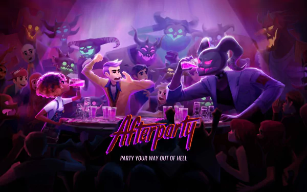 HD desktop wallpaper showing a lively afterparty scene with colorful characters and the text Afterparty - Party your way out of hell.