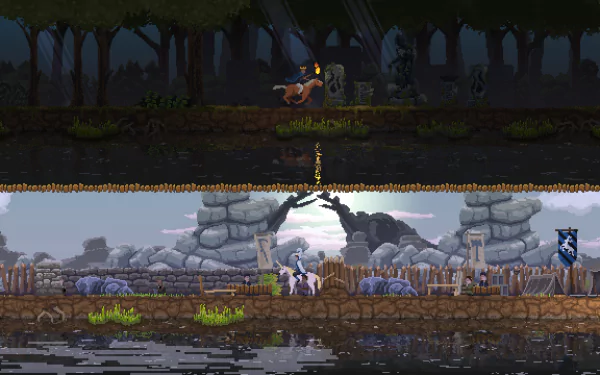 HD desktop wallpaper of Kingdom: Two Crowns game featuring a character on horseback amidst a pixeled landscape with a bridge and a banner.