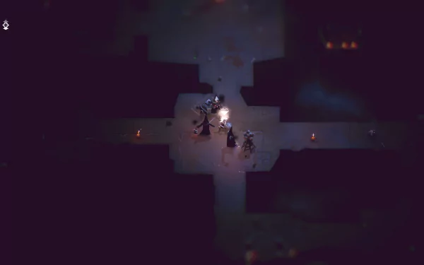 HD desktop wallpaper featuring a dark, atmospheric scene with characters gathered around a light source with candles in the background.