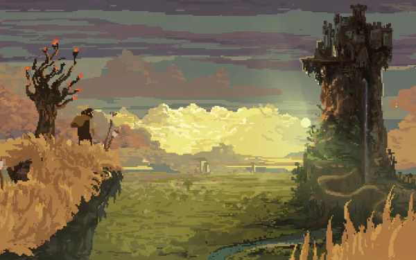 HD desktop wallpaper from Children of Morta game featuring a pixel art landscape with a watchtower and dramatic skies.