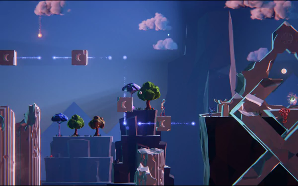 HD desktop wallpaper featuring the surreal landscape of Planet Alpha, with floating islands and stylized trees under a twilight sky.