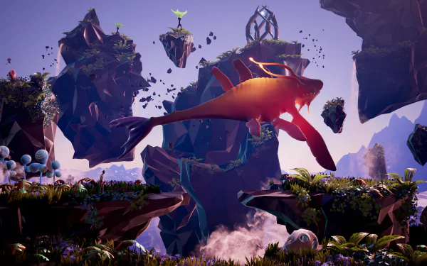 HD desktop wallpaper of Planet Alpha with floating islands, exotic creatures, and vibrant flora.