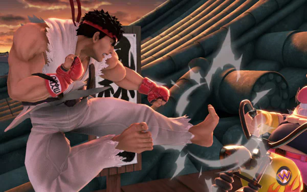HD wallpaper of Ryu from Street Fighter battling Wario in Super Smash Bros. Ultimate.