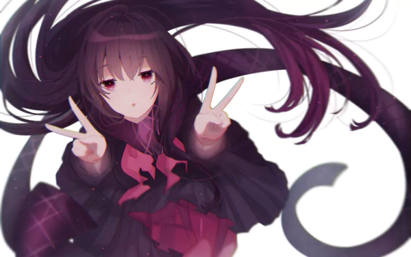 HD PC desktop wallpaper featuring Oryou from Fate/KOHA-ACE, an anime-style character with long dark hair and a dark outfit, making a peace sign with both hands.