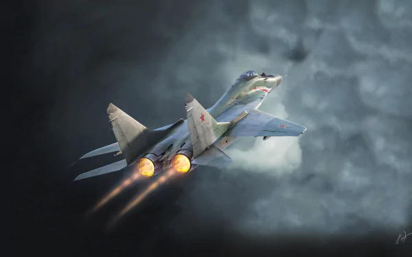 Mikoyan MiG-29 jet fighter warplane climbing through smoky clouds with afterburners blazing — HD PC desktop wallpaper of a military aircraft.