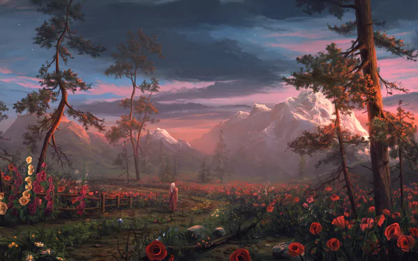A fantasy-themed HD wallpaper featuring a woman warrior on a flower-lined path amidst a vibrant landscape with red flowers, tall trees, and distant snow-covered mountains under a colorful sky.