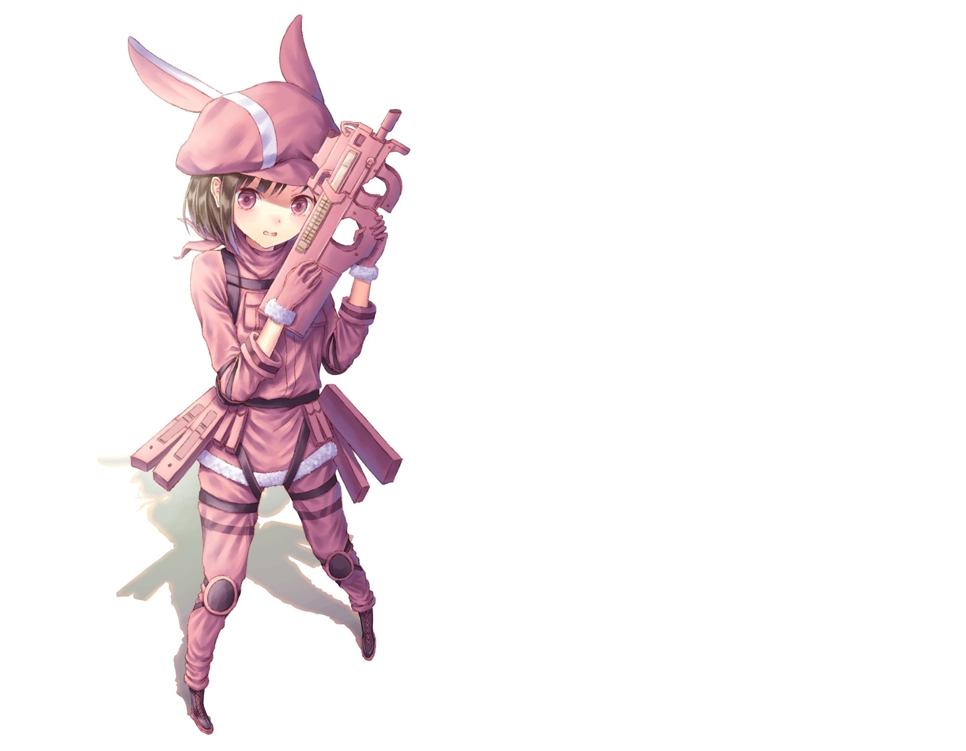 LLENN (Karen Kohiruimaki) from Sword Art Online Alternative: Gun Gale Online in pink combat outfit holding a submachine gun, anime 4K Ultra HD PC desktop wallpaper on white background.