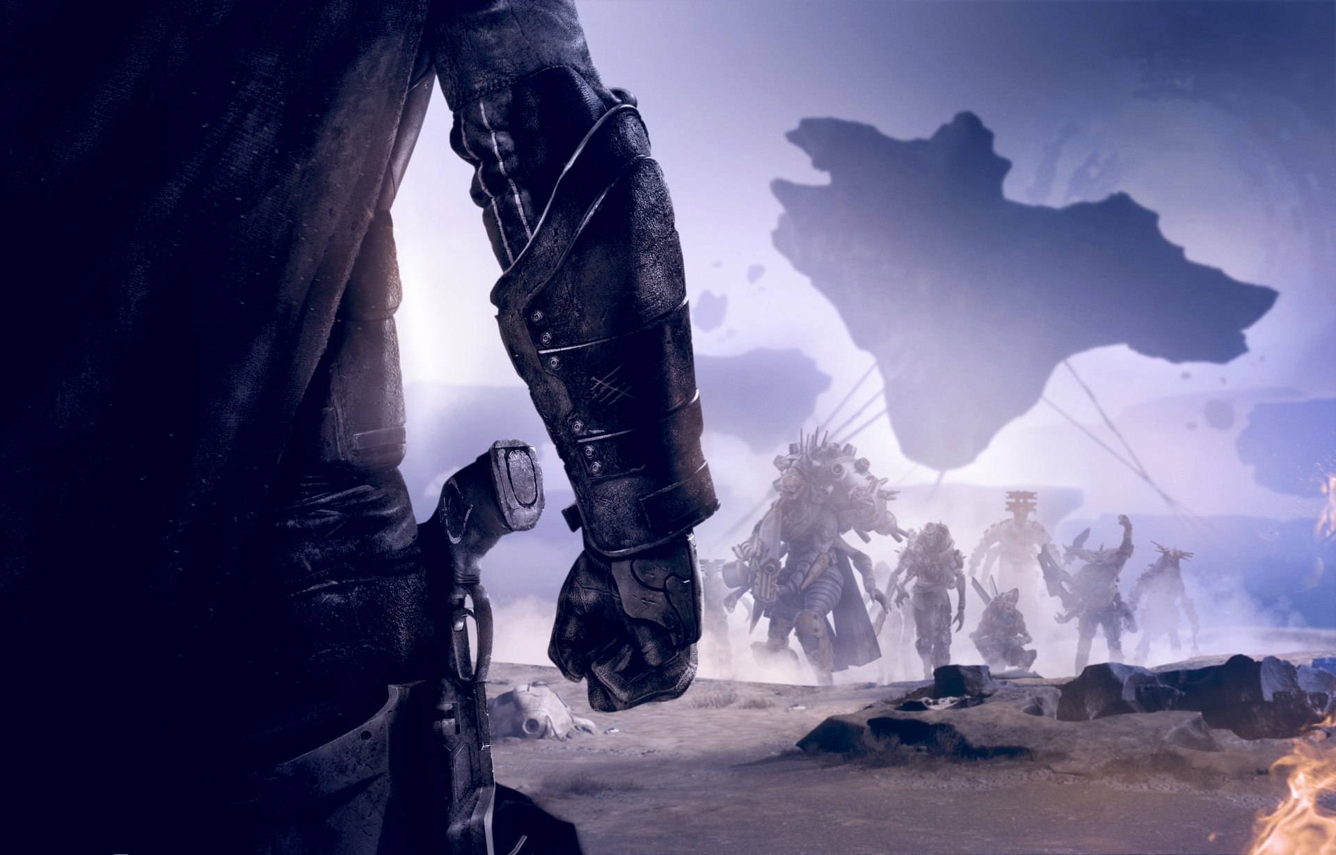 HD desktop wallpaper of Destiny 2, showcasing a dramatic scene with a character in detailed armor in the foreground and a team of guardians in the background amid a mystical battleground.