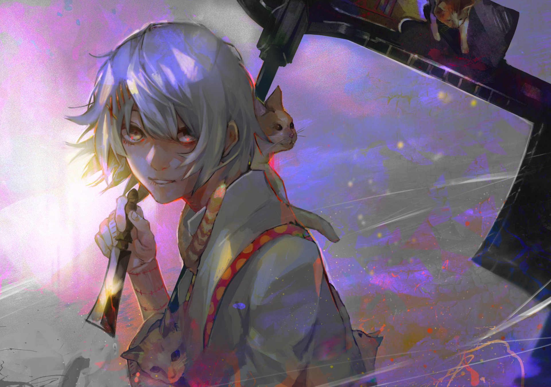 HD PC wallpaper featuring Juuzou Suzuya from the anime Tokyo Ghoul, showcasing his distinctive white hair and red eyes with a dynamic, colorful background.