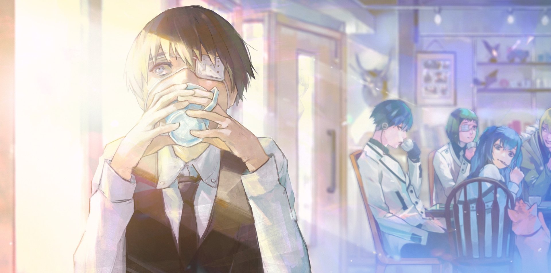HD anime desktop wallpaper featuring Saiko Yonebayashi, Kuki Urie, Ginshi Shirazu, Tooru Mutsuki, and Ken Kaneki from Tokyo Ghoul:re in a softly lit, detailed scene.