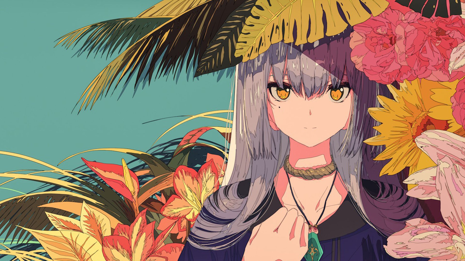 A high-definition desktop wallpaper featuring an anime girl with long hair, surrounded by vibrant tropical flowers and leaves, creating an elegant and colorful background.