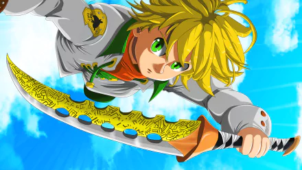 HD PC desktop wallpaper featuring Meliodas from the anime The Seven Deadly Sins, depicted mid-action with his signature sword against a bright blue sky background.