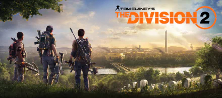 HD desktop wallpaper of Tom Clancy's The Division 2, featuring two armed characters overlooking a cityscape with notable landmarks in the background.