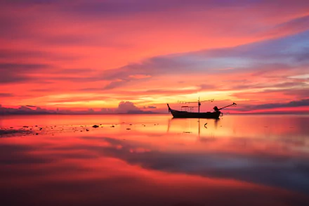 A fishing boat reflects on calm waters under a vibrant sunset sky on the horizon, captured in stunning 4K Ultra HD.