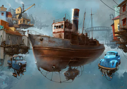 HD sci-fi desktop wallpaper featuring a futuristic steampunk-style vehicle floating above a harbor cityscape with vintage cars suspended in midair.