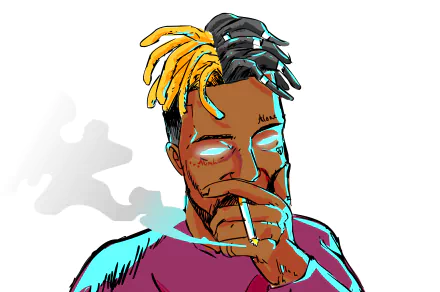Colorful HD desktop wallpaper featuring a stylized illustration of XXXTentacion with his hand over his mouth and striking yellow and blue accents.