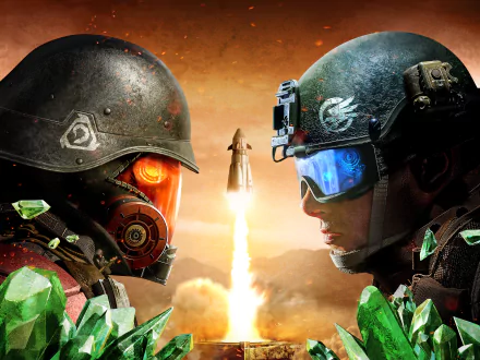 Two armored soldiers face off—red helmet with glowing orange visor vs blue-goggled commando—rocket lifts between them. Command & Conquer: Rivals video game 4K Ultra HD PC wallpaper
