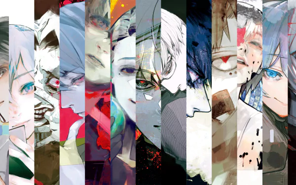 HD desktop wallpaper featuring characters from Tokyo Ghoul:re, including Juuzou Suzuya, Ginshi Shirazu, Tooru Mutsuki, Saiko Yonebayashi, Kuki Urie, Touka Kirishima, and Haise Sasaki. Vibrant and dynamic artwork.