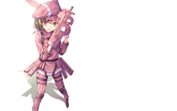 LLENN (Karen Kohiruimaki) from Sword Art Online Alternative: Gun Gale Online in pink combat outfit holding a submachine gun, anime 4K Ultra HD PC desktop wallpaper on white background.