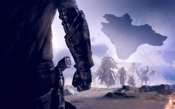 HD desktop wallpaper of Destiny 2, showcasing a dramatic scene with a character in detailed armor in the foreground and a team of guardians in the background amid a mystical battleground.