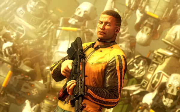 4K Ultra HD PC desktop wallpaper for the video game Wolfenstein II: The New Colossus — a rifle-armed protagonist in a yellow jacket stands amid a swarm of armored robots in golden light.