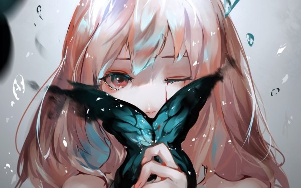 Anime Original Long Hair Blonde Wink Butterfly Pink Eyes HD Wallpaper | Background Image