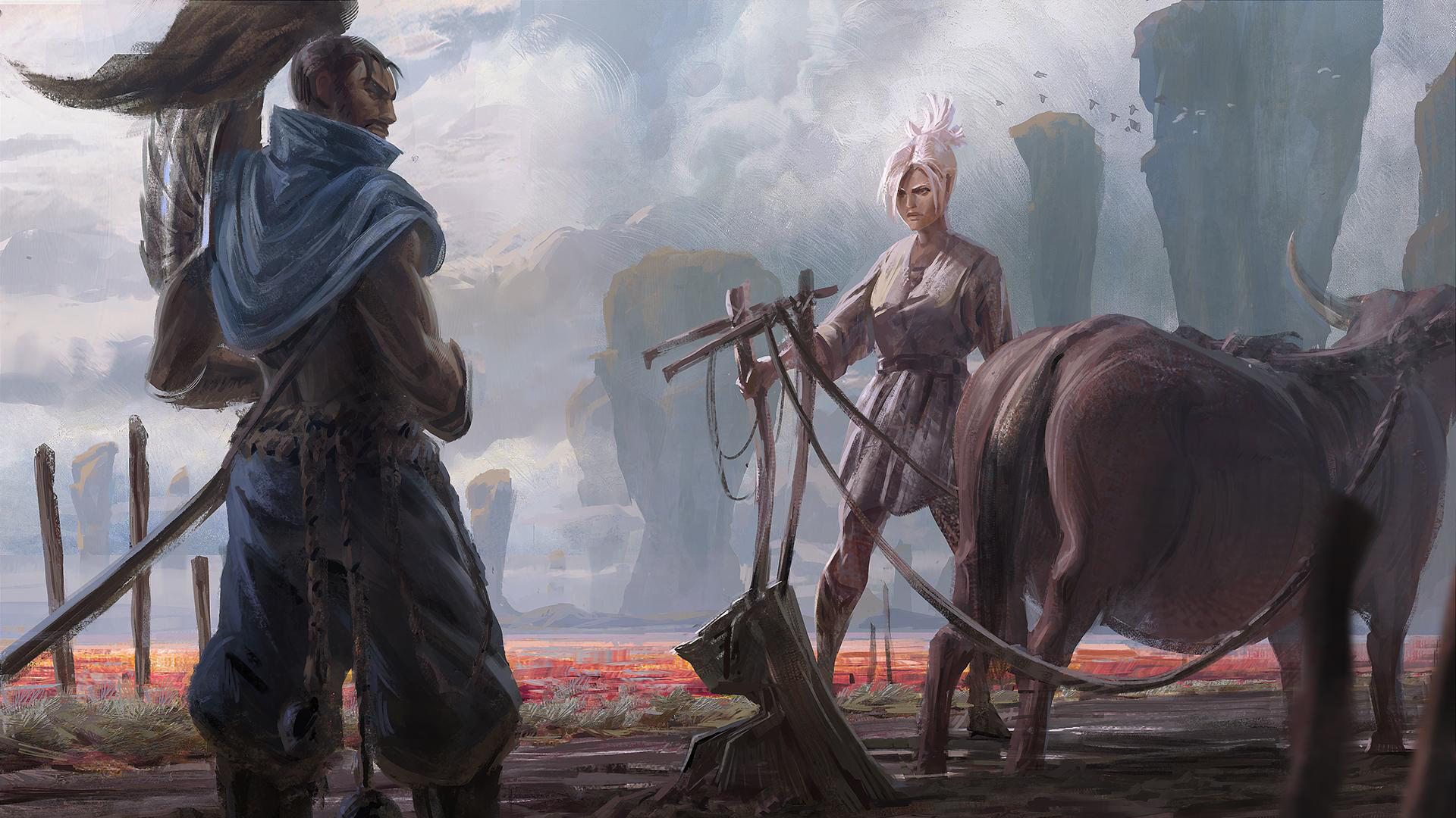 HD desktop wallpaper featuring Riven and Yasuo from League of Legends in a misty, mountainous landscape with a horse and scattered gear.