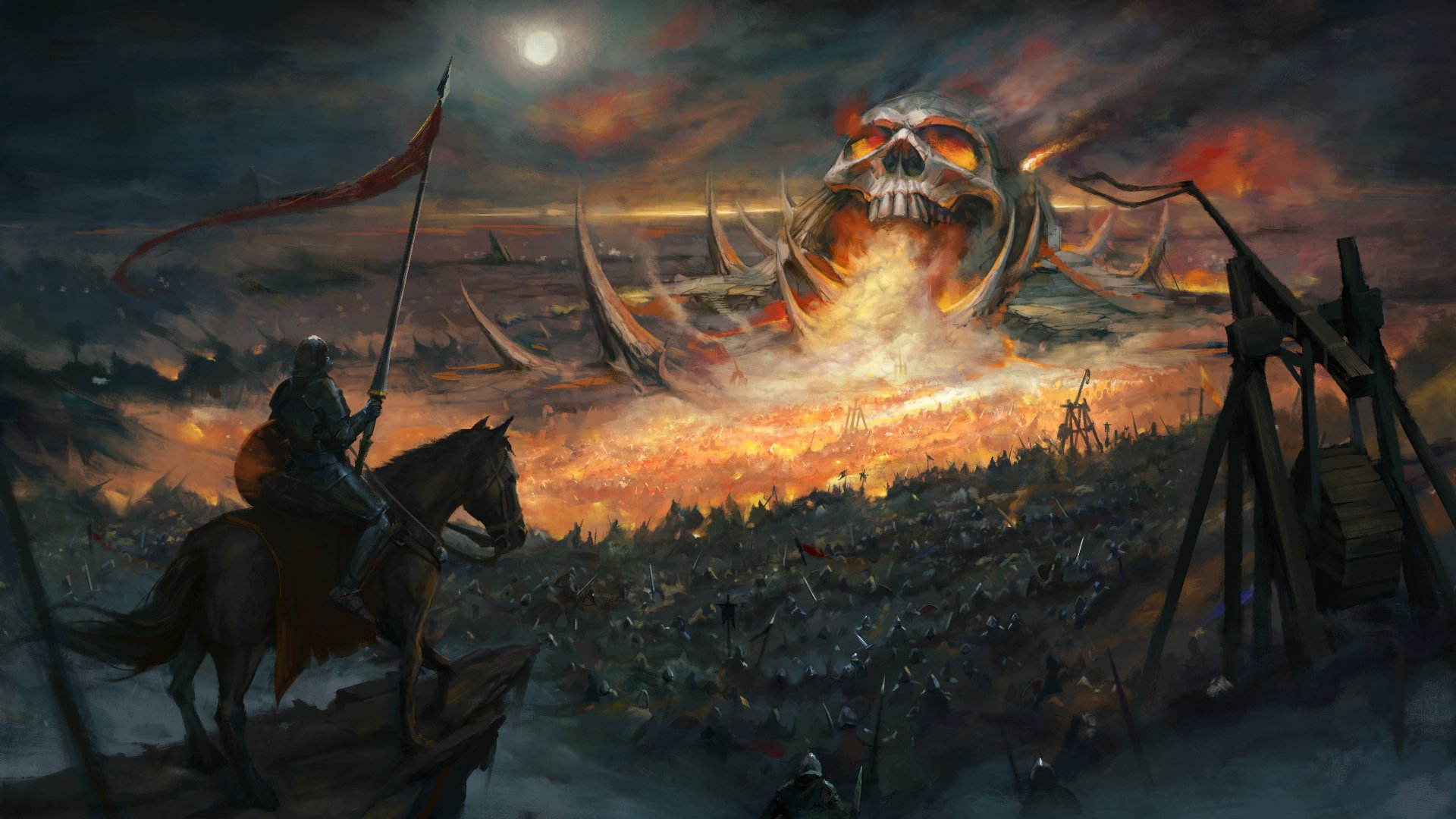 Epic 8K Ultra HD fantasy wallpaper depicting a warrior in armor on horseback overlooking a massive battlefield with a giant skull-shaped structure and spears under a fiery sky.