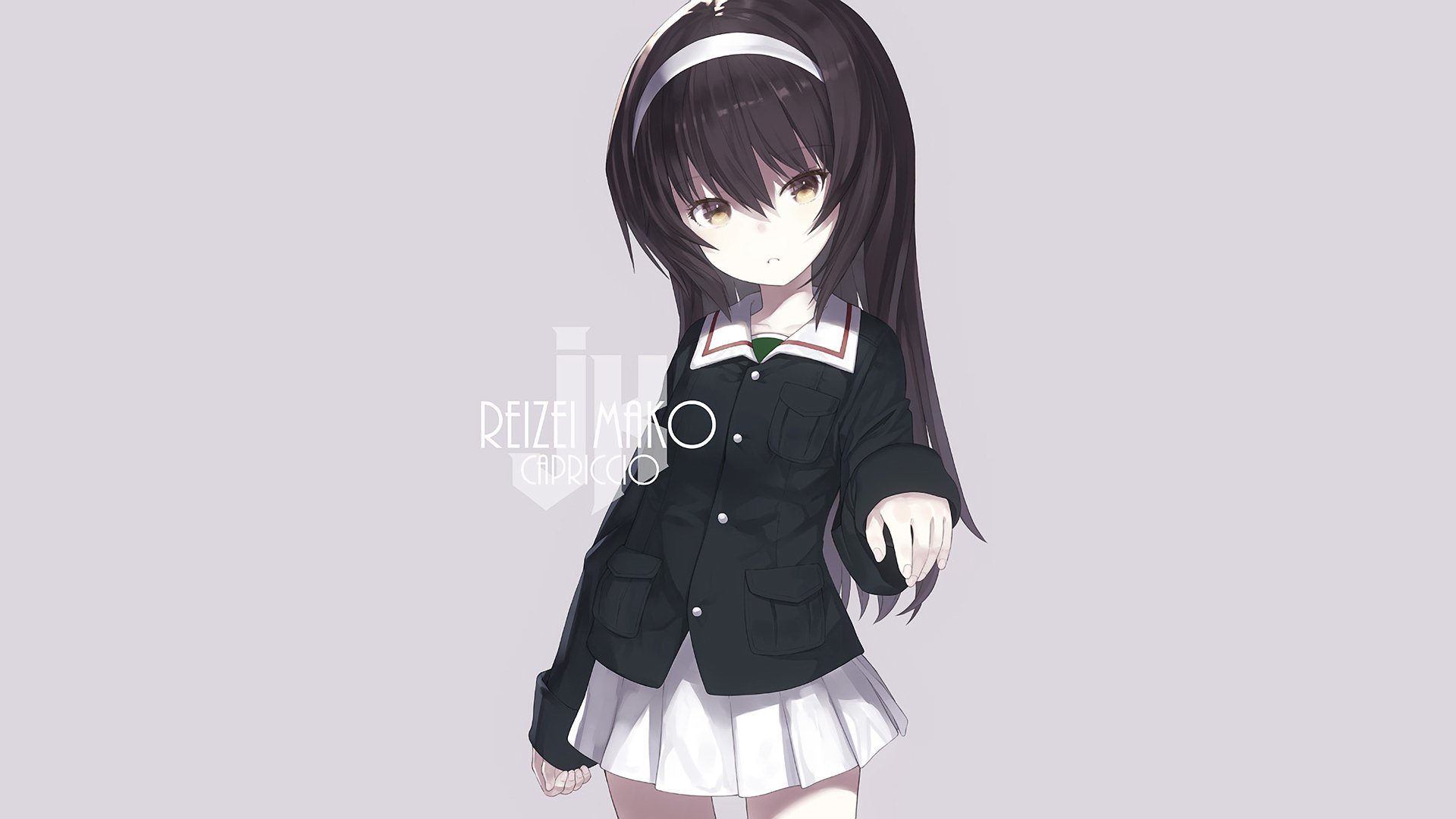 HD PC desktop wallpaper: Mako Reizei (Girls und Panzer) in a dark school uniform with white skirt, reaching forward against a pale minimalist background.