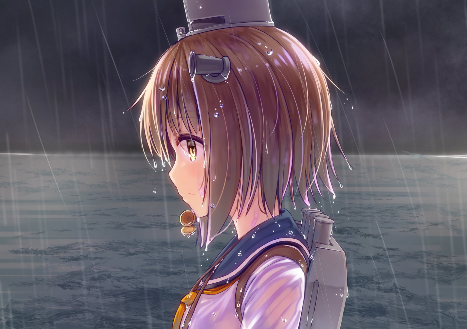 HD PC desktop wallpaper featuring Yukikaze from Kantai Collection (Kancolle) standing in the rain, captured in detailed anime style.