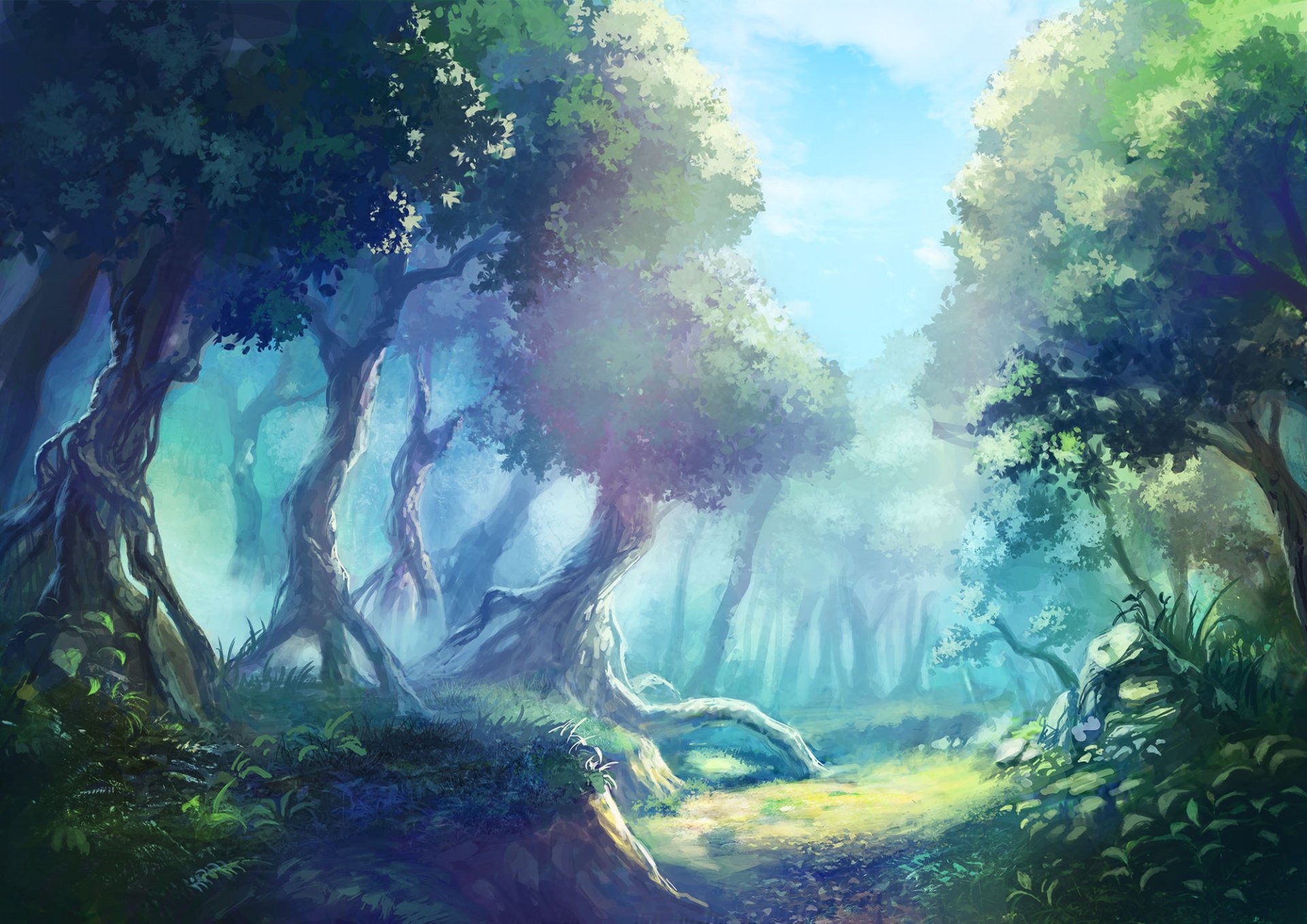 Anime-style HD original artwork of a serene, sunlit forest clearing, designed as a vibrant PC desktop wallpaper and background.