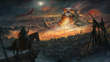 Epic 8K Ultra HD fantasy wallpaper depicting a warrior in armor on horseback overlooking a massive battlefield with a giant skull-shaped structure and spears under a fiery sky.