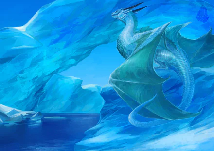Blue fantasy ice dragon coiled among towering glaciers, wings unfurled over a frozen cavern — 2K Quad HD PC desktop wallpaper/background.