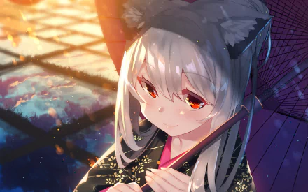 HD anime original artwork featuring a girl with white hair, cat ears, and red eyes holding a traditional umbrella, designed as a PC desktop wallpaper.