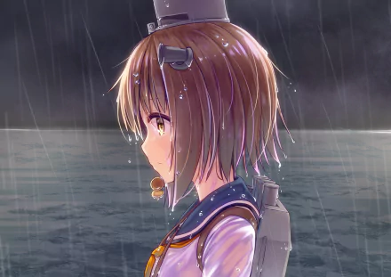 HD PC desktop wallpaper featuring Yukikaze from Kantai Collection (Kancolle) standing in the rain, captured in detailed anime style.