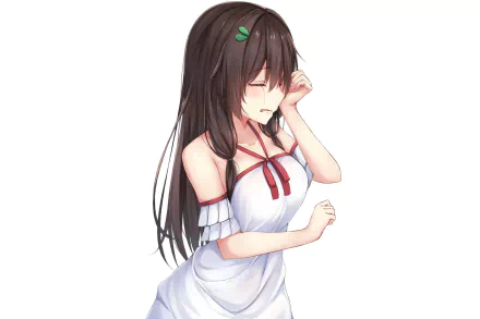 Anime-style original HD desktop wallpaper featuring a serene girl with long dark hair wearing a white dress with red accents against a plain white background.