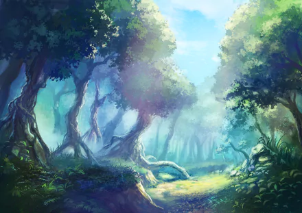 Anime-style HD original artwork of a serene, sunlit forest clearing, designed as a vibrant PC desktop wallpaper and background.