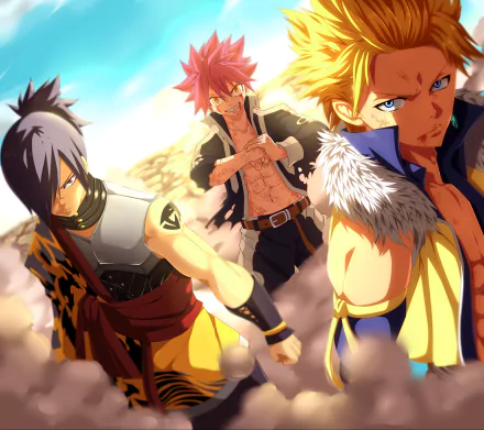 HD desktop wallpaper featuring Rogue Cheney, Natsu Dragneel, and Sting Eucliffe from the anime Fairy Tail, set in an intense, action-packed scene with vibrant colors.