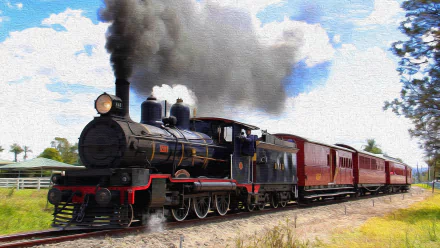 A 4K Ultra HD PC desktop wallpaper featuring a vintage steam train emitting black smoke, traveling along a countryside track under a partly cloudy sky.