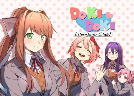 HD desktop wallpaper featuring Monika, Sayori, Yuri, and Natsuki from Doki Doki Literature Club! The characters are smiling in front of a light pink polka dot background with the game's logo.