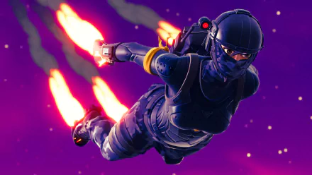 HD wallpaper of a character from Fortnite Battle Royale soaring through a vibrant purple sky with jet flames blazing from their arms. Image tagged with Fortnite, video game.
