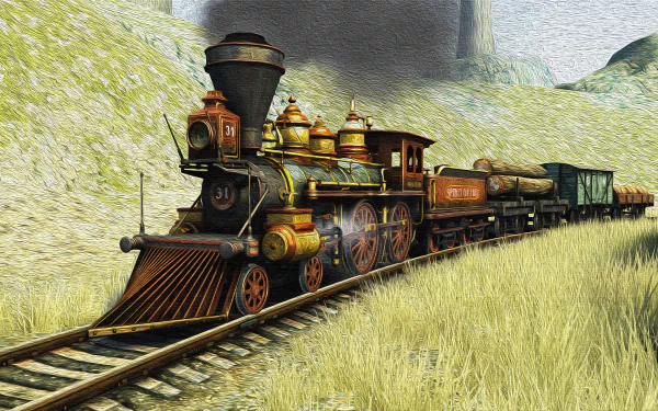 A detailed 4K Ultra HD desktop wallpaper of a vintage steam train traveling through grassy hills on railway tracks.