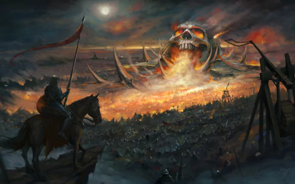 Epic 8K Ultra HD fantasy wallpaper depicting a warrior in armor on horseback overlooking a massive battlefield with a giant skull-shaped structure and spears under a fiery sky.