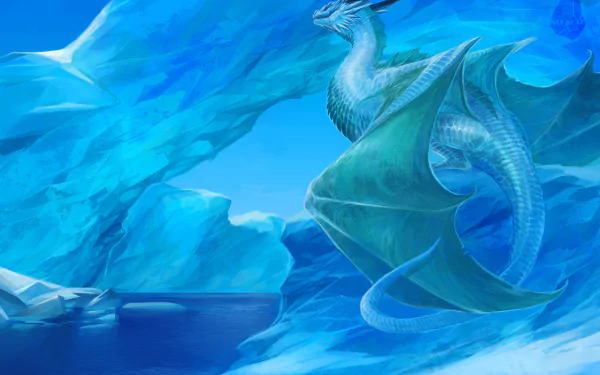 Blue fantasy ice dragon coiled among towering glaciers, wings unfurled over a frozen cavern — 2K Quad HD PC desktop wallpaper/background.