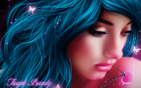 Women Artistic Blue Hair Necklace Butterfly Face HD Wallpaper | Background Image