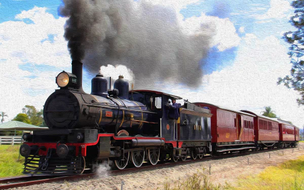 A 4K Ultra HD PC desktop wallpaper featuring a vintage steam train emitting black smoke, traveling along a countryside track under a partly cloudy sky.