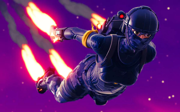 HD wallpaper of a character from Fortnite Battle Royale soaring through a vibrant purple sky with jet flames blazing from their arms. Image tagged with Fortnite, video game.