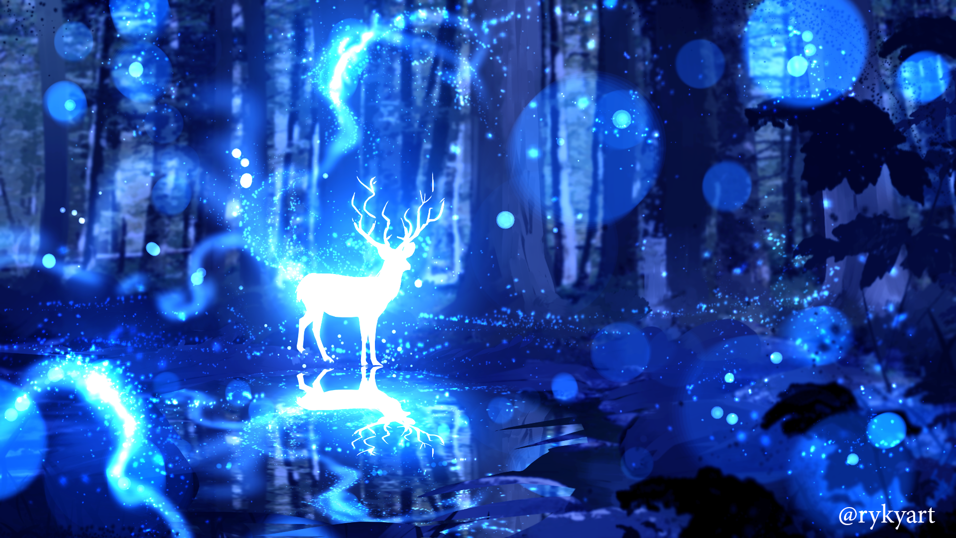 Download Spirit Blue Forest Fantasy Deer HD Wallpaper by ryky