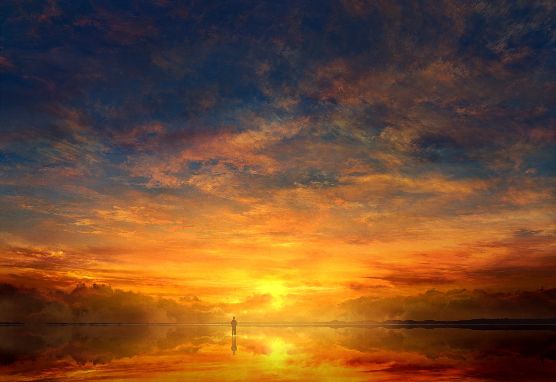HD anime wallpaper featuring a breathtaking sunset over a calm, reflective body of water, with vivid orange and blue hues blending seamlessly in the sky. An original and stunning desktop background.