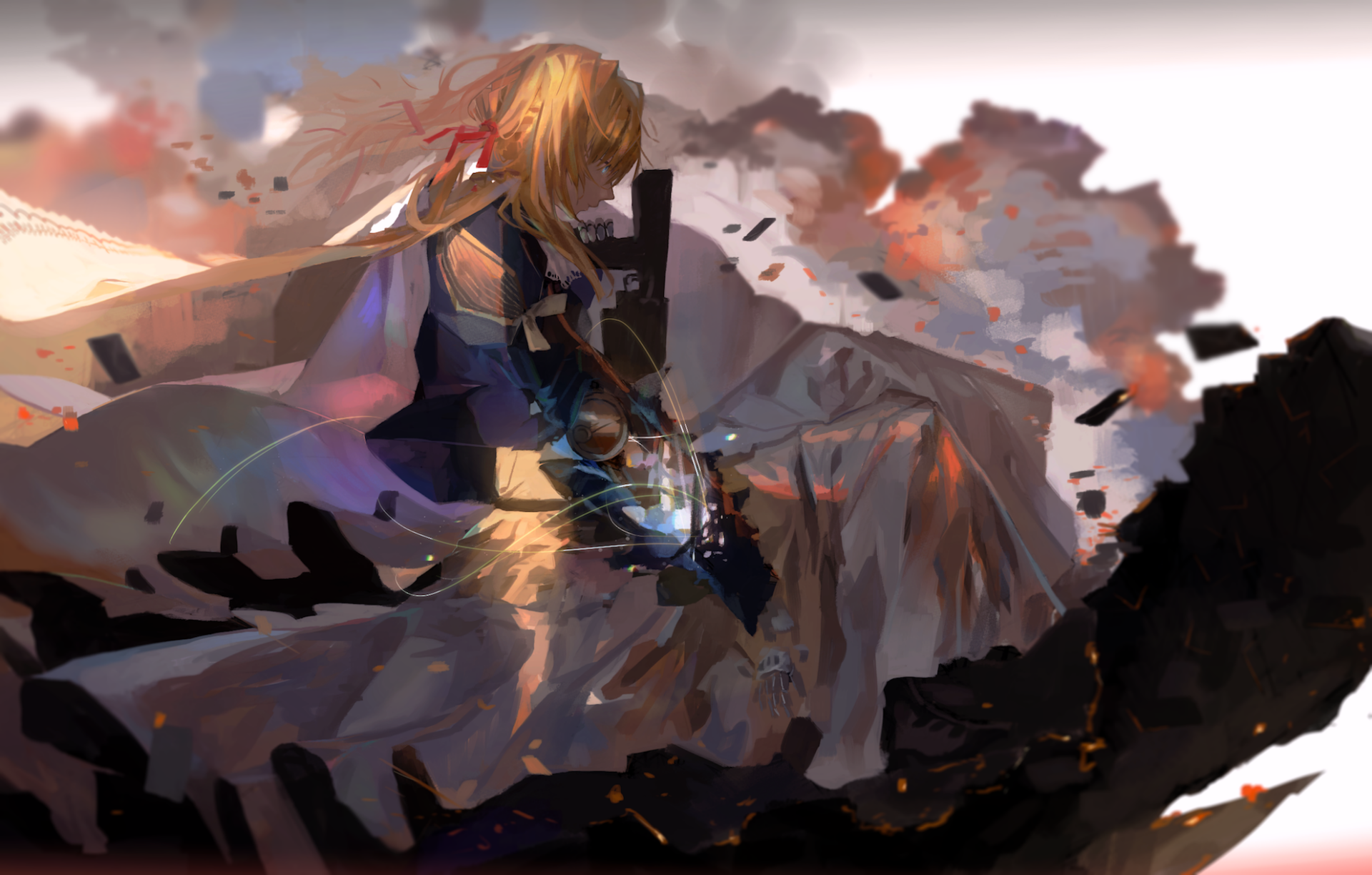 HD PC desktop wallpaper featuring Violet Evergarden, the anime character, sitting thoughtfully amidst a dramatic, fiery landscape.